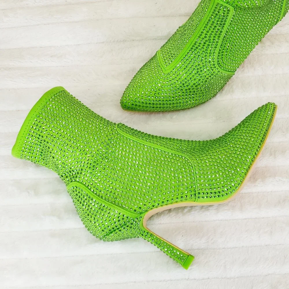 Stunning Bright Green Stretch Rhinestone Ankle Boots 3.5" Kitten Heels_8